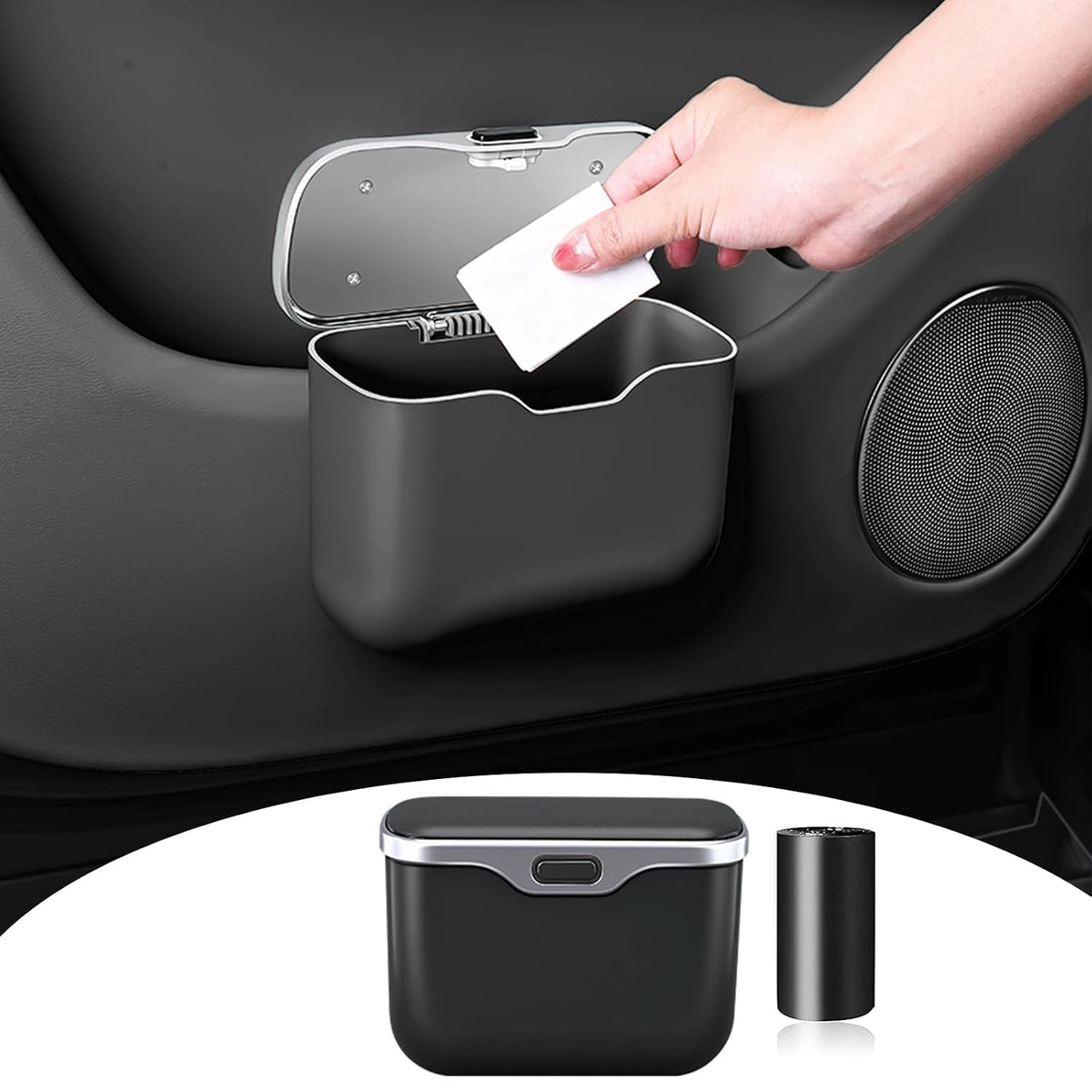 HOLDCY Car Trash Can with Lid, Leakproof Mini Garbage Bin, Black, 1 Pack