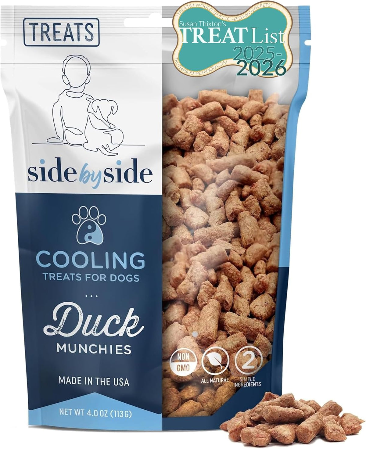 Side by Side Duck Munchies - Cooling Freeze-Dried Dog Treats - Ideal Dog Training Treats, Snack or Reward - Made of Whole Raw Ingredients, Free of Artificial Additives - USA Made (4Oz., Pack of 2)