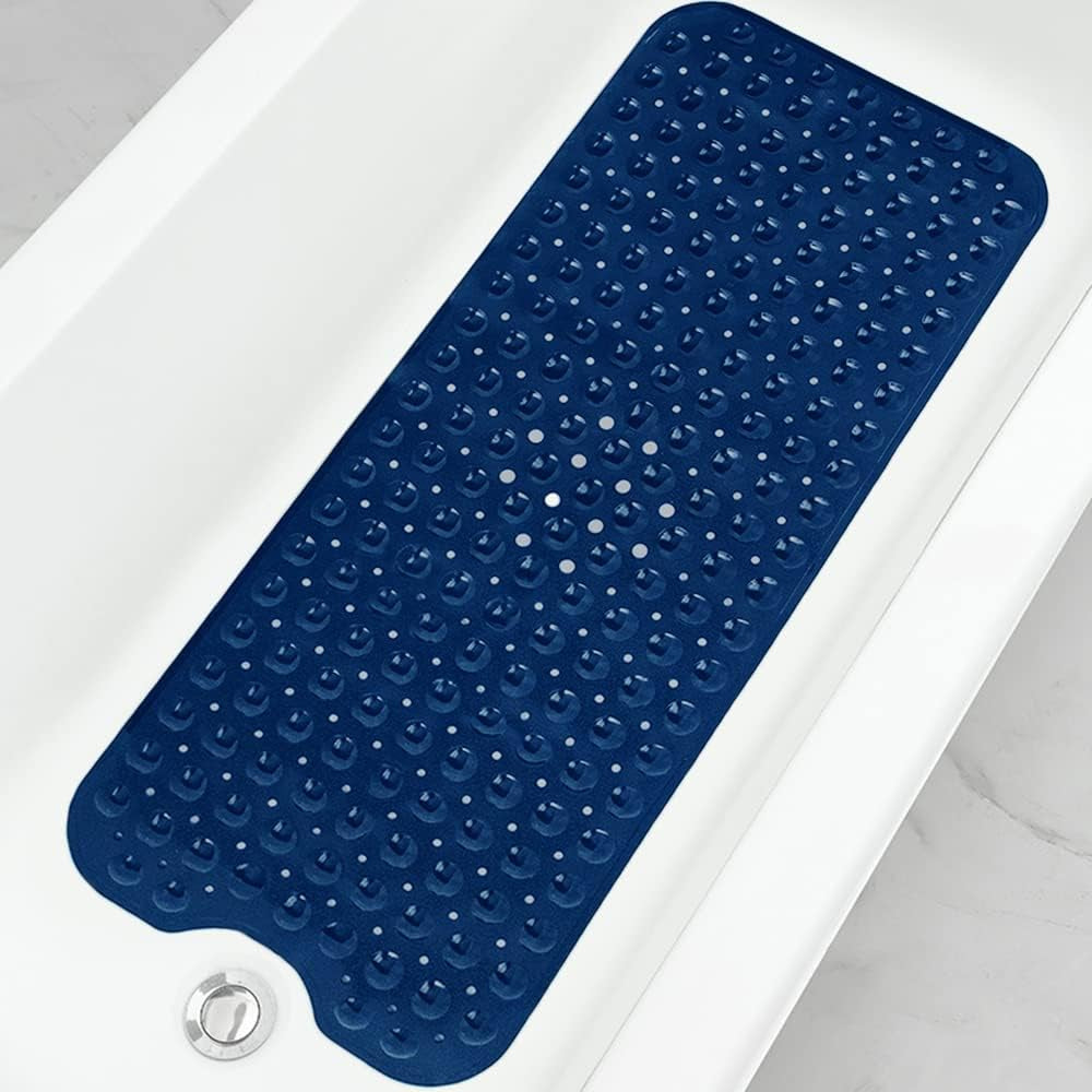 Bathtub and Shower Mats, Extra Long Non-Slip Bath Tub Mat 39 X 16 Inch, Machine Washable Bathmat with Suction Cups & Drain Holes for Bathroom Floor, Navy Blue