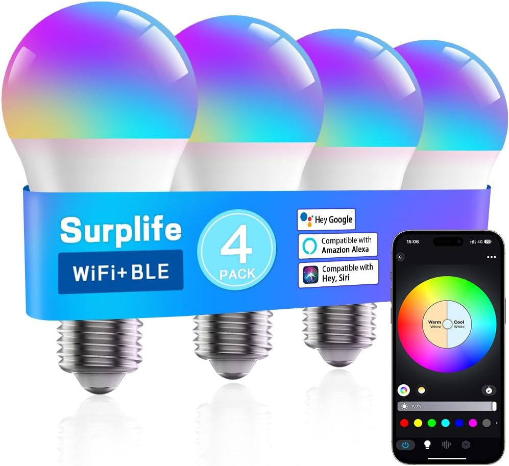 Smart Led Light Bulbs, Wi-Fi Magic Home Light Bulbs for Alexa & Google Assistant, E26, A19 Music Sync Color Changing Light Bulb, APP Remote Control On/Off, Wireless, Bluetooth, 800LM, 60W,4Pack
