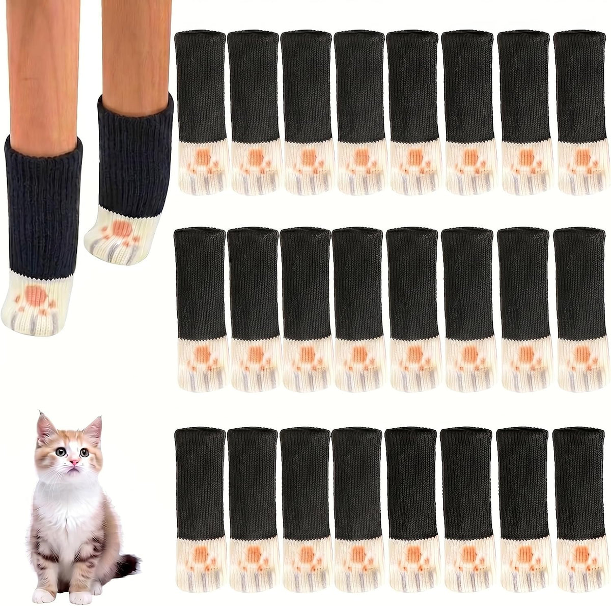 24Pcs Cat Paw Chair Socks – Cute Cat Furniture Socks for Chair Legs, Knitted Non-Slip Chair Leg Floor Protectors, Noise-Reducing Furniture Socks for Hardwood Floors, 6 Sets