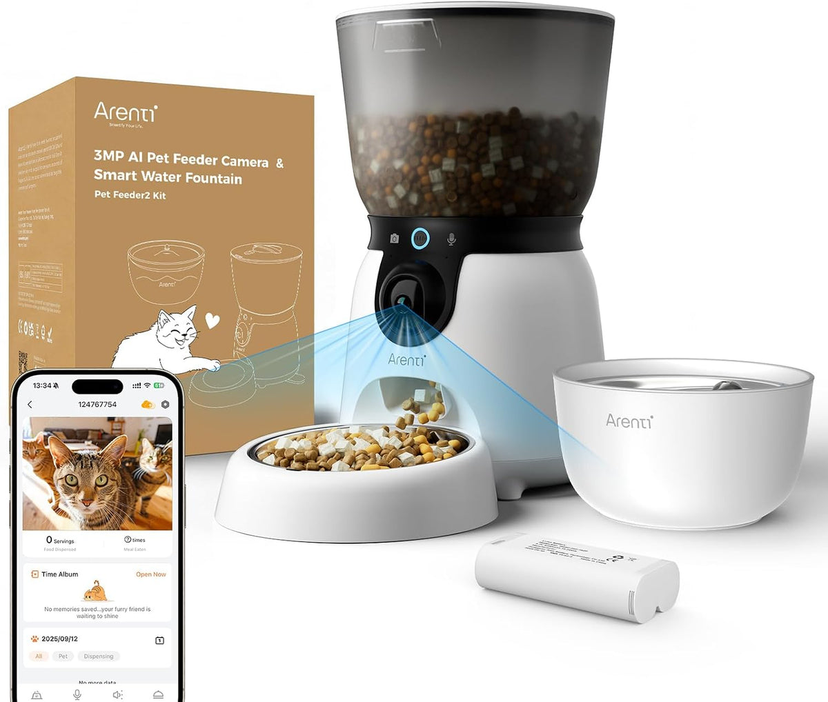 ARENTI 4.5L/19 Cups Automatic Cat Feeder and Water Dispenser with 2K Camera
