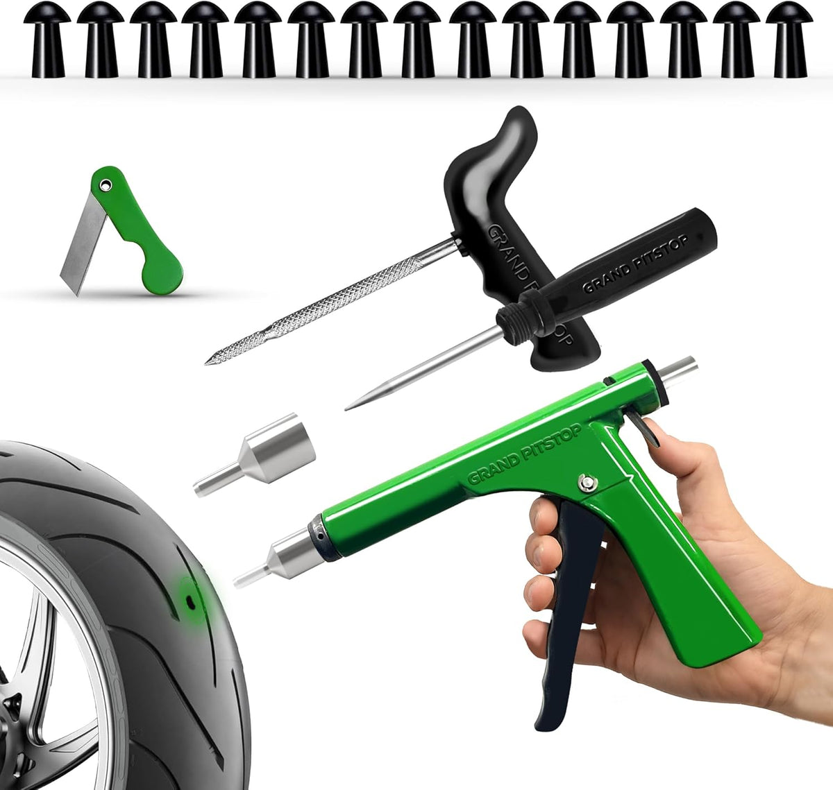 GRAND PITSTOP Tubeless Tire Gun Puncture Repair Kit with Mushroom Plug for Tyre Punctures and Flats on Cars, Motorcycles, ATV, Trucks & Tractors (Gun Puncture Kit 15 Plugs, Green)