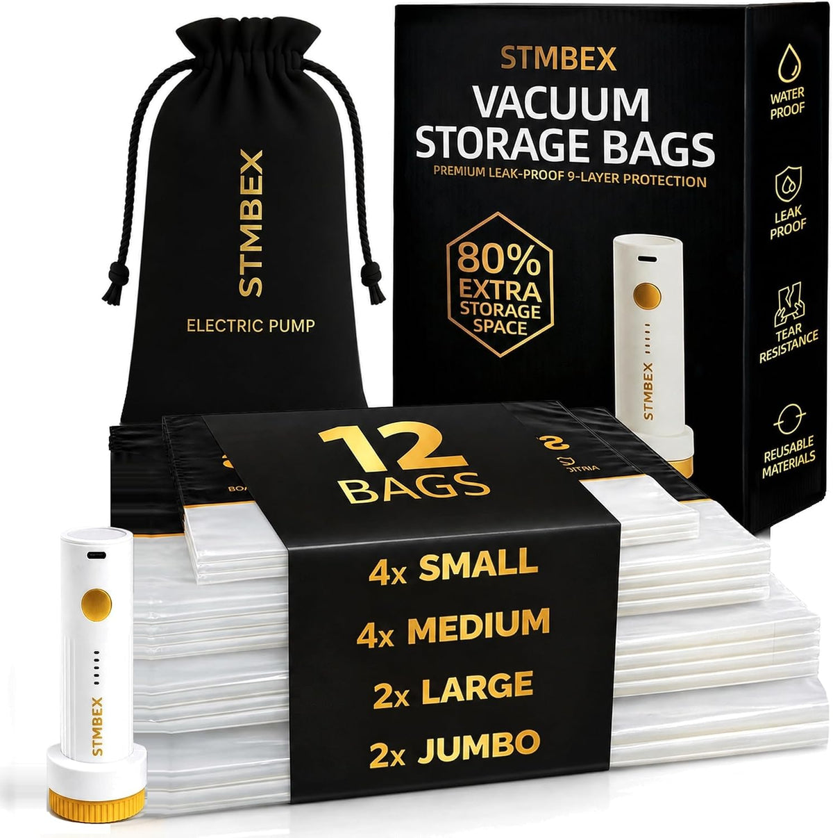 12 Pack Vacuum Storage Bags with Electric Pump for Travel, Clothing & Home