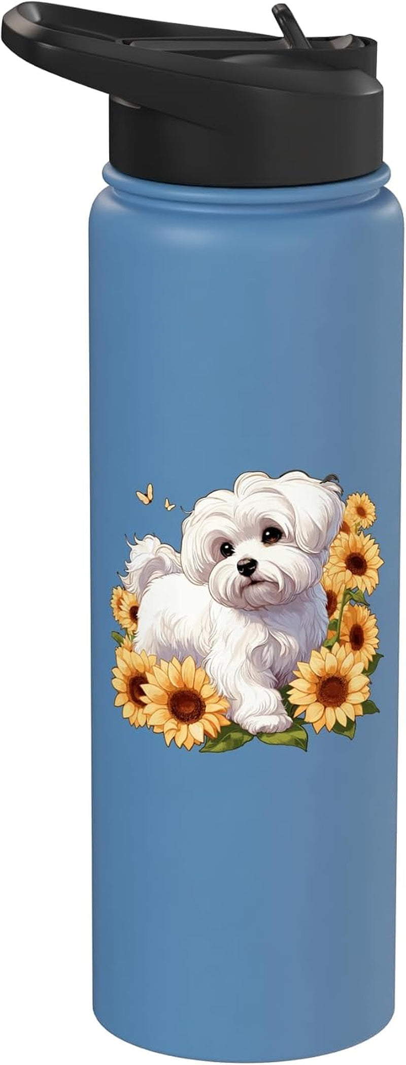 Womens Girls Cute Floral Sun Flowers Maltese Dog Lover Stainless Steel Insulated Water Bottle