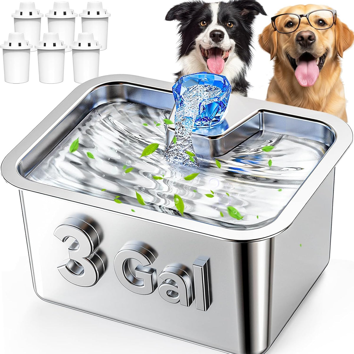 3Gal Large Dog Water Fountain Dispenser, 11L Stainless Steel Pet Fountain with 6 Filters, Ultra Quiet Automatic Dog Water Bowl Dispenser for Large & Multi-Pet, Wide Drinking Area, Easy to Clean