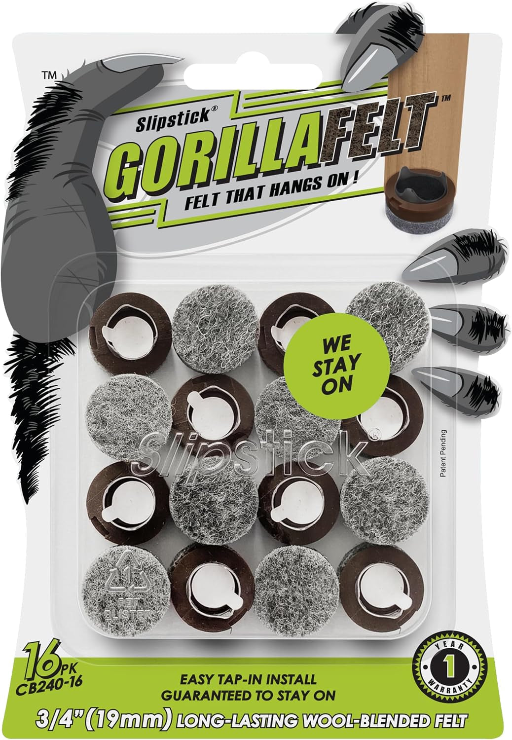 Slipstick Gorillafelt 3/4 Inch Chair Leg Floor Protectors/Felt Glides (Set of 16) Tap on Felt Furniture Pads Guaranteed to Stay On, round Sliders, CB240-16