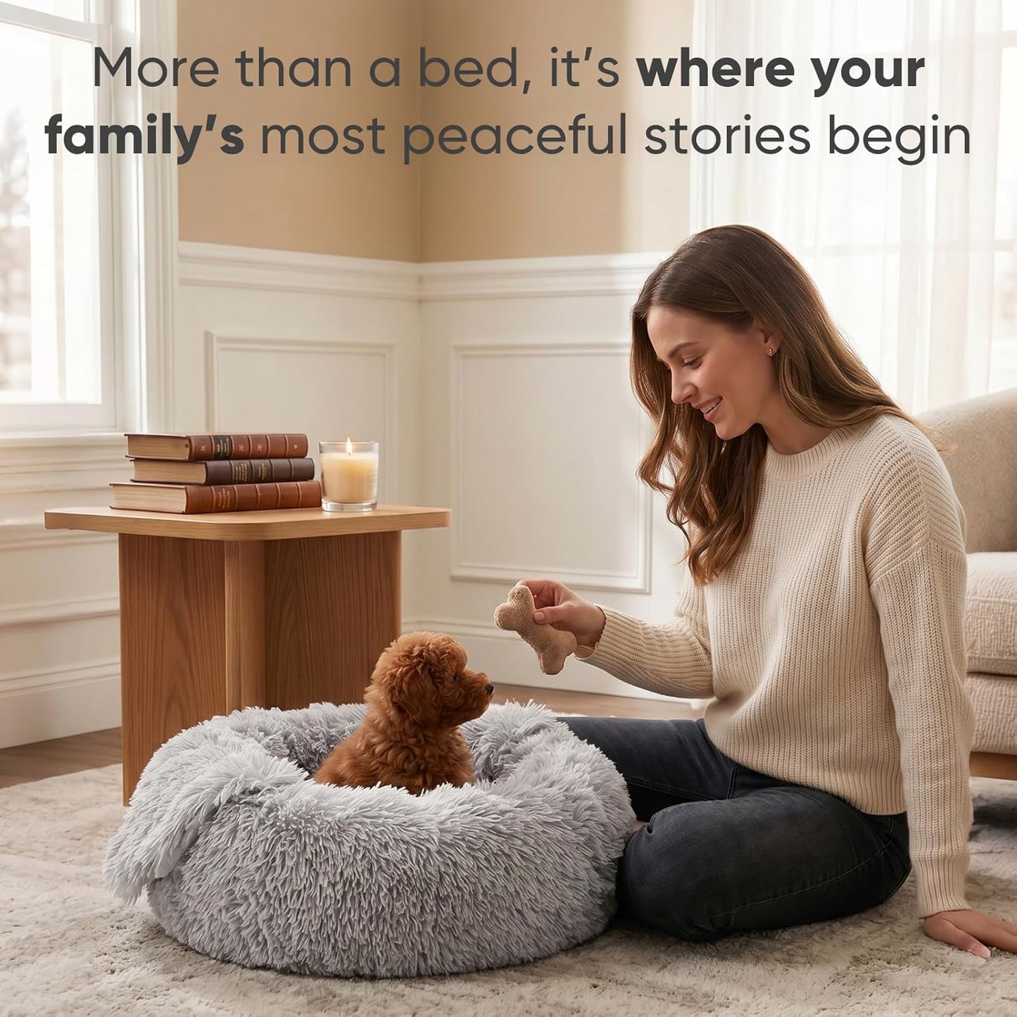 Himax Small Cat & Dog Bed with Cover, Calming Dog Bed for Small Dogs,Anti-Anxiety Donut Dog Bed with Attached Blanket,Washable round Fluffy Pet Bed (20"/26"/35"),Light Grey