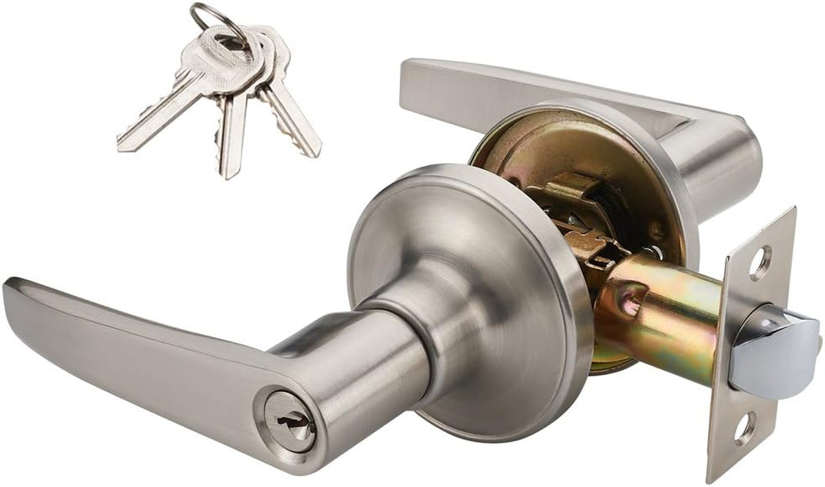 1 Pack of MANREN Lever Keyed Entry Door Lever Handle Lock, Universal Door Knob Hardware,Nickel Brushed Color (MR802ET)