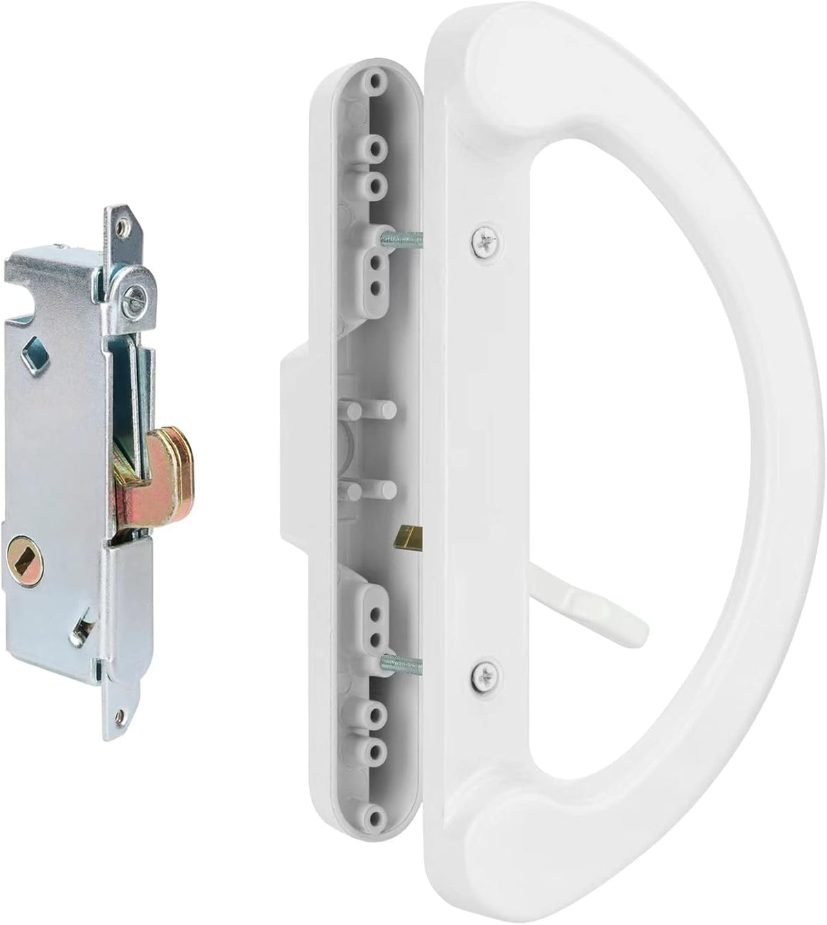 HILLMASTER Patio Door Handle Set with Mortise Lock 45° for Replacement Mortise Style Reversible Design Non-Keyed Sliding Patio Glass Door Handles, Fits 3-15/16” Screw Hole Spacing White Finish