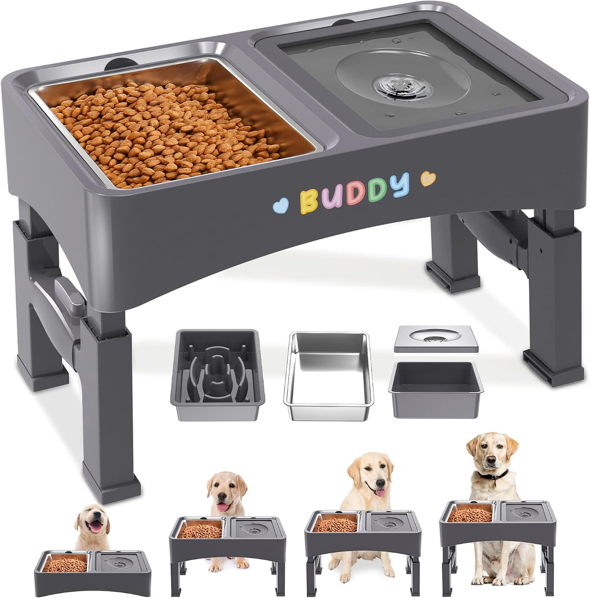 Decflow 3-In-1 Elevated Dog Bowls with 4 Height Adjustable Raised Stand