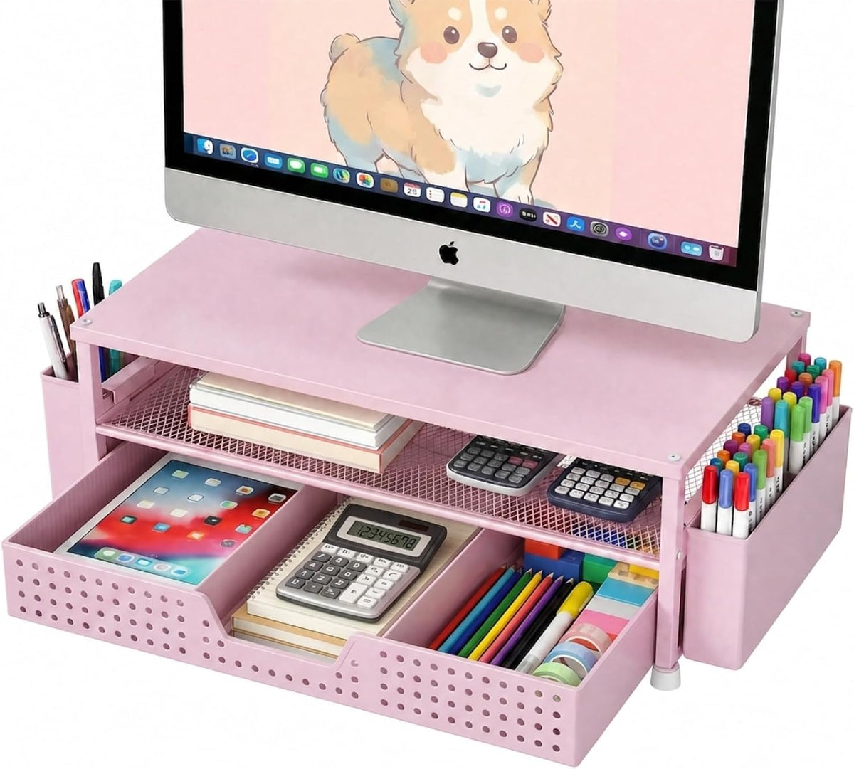 ECOLOVI Desk Organizer and Accessories, 2-Tier Computer Monitor Stand Rise with Storage Drawer & 2 Pen Holders, Laptop & Printer Stand for Desktop, Workspace Organizers for Office Supplies (Pink)