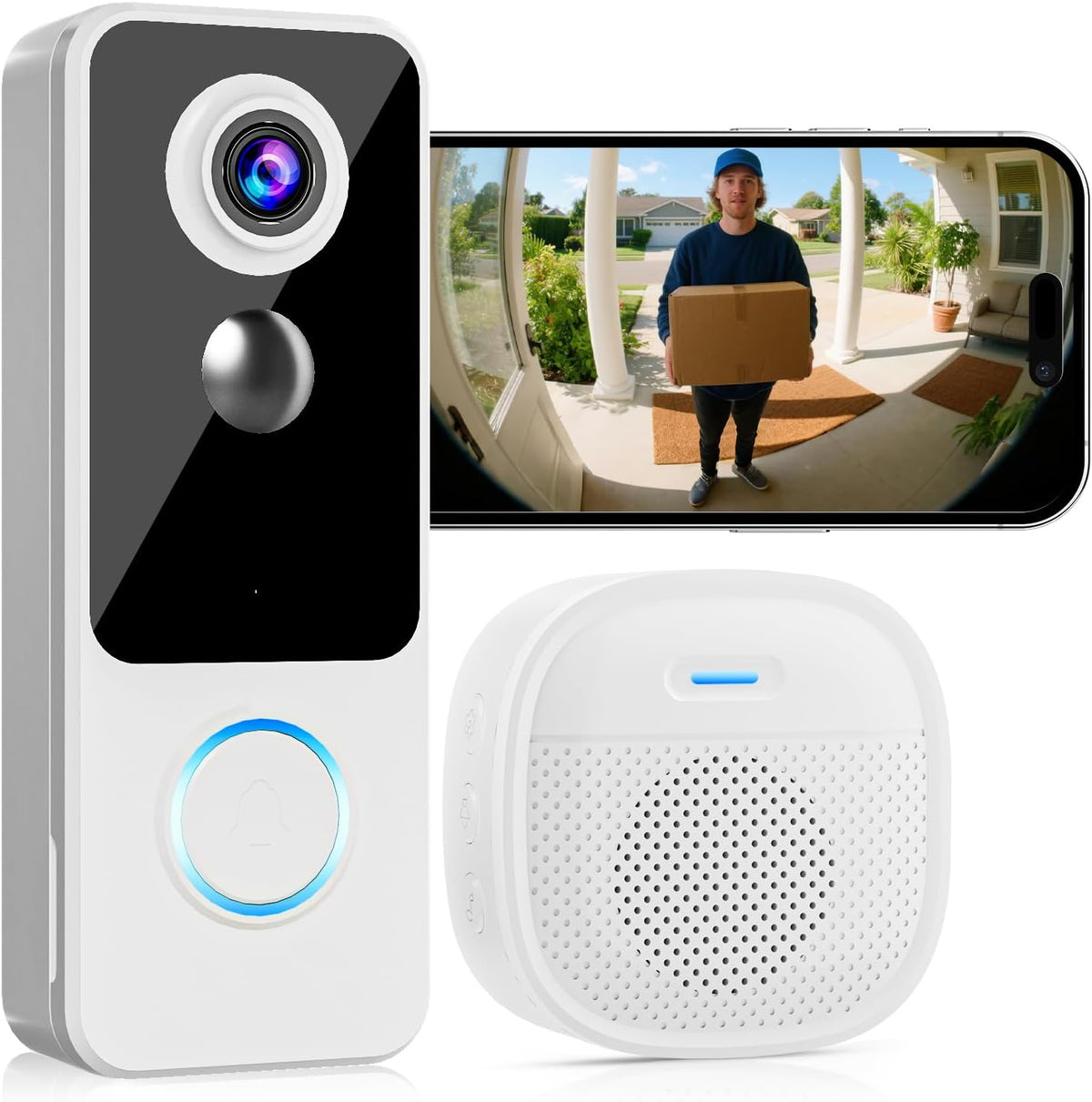 Doorbell Camera Wireless,2K FHD Head-To-Toe Video, No Subscription,Two-Way Talk, Smart Home Video Doorbell with Chime,Battery Powered,Motion Detection & Alerts Compatible with Alexa & Google(2.4Gwifi)