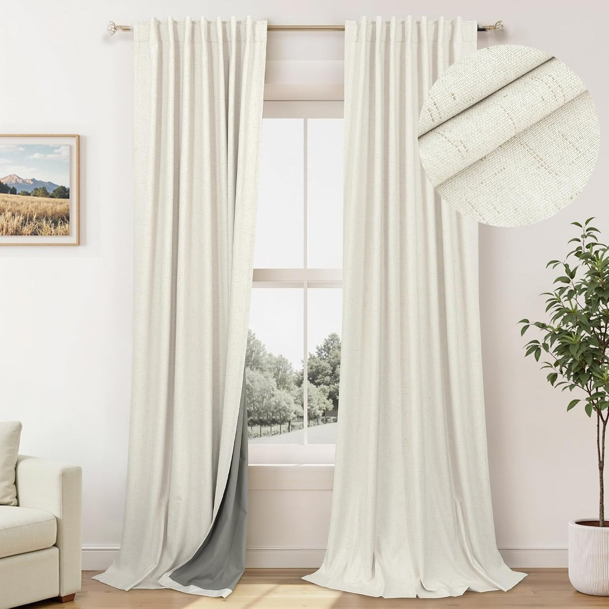 100% Blackout Curtains 84 Inch Length 2 Panels Set Neutral Boho Linen Farmhouse for Bedroom Windows Living Room Darkening Thermal Insulated Drapes Natural Cream Ivory 7Ft Long Back Tab Pleated Pocket