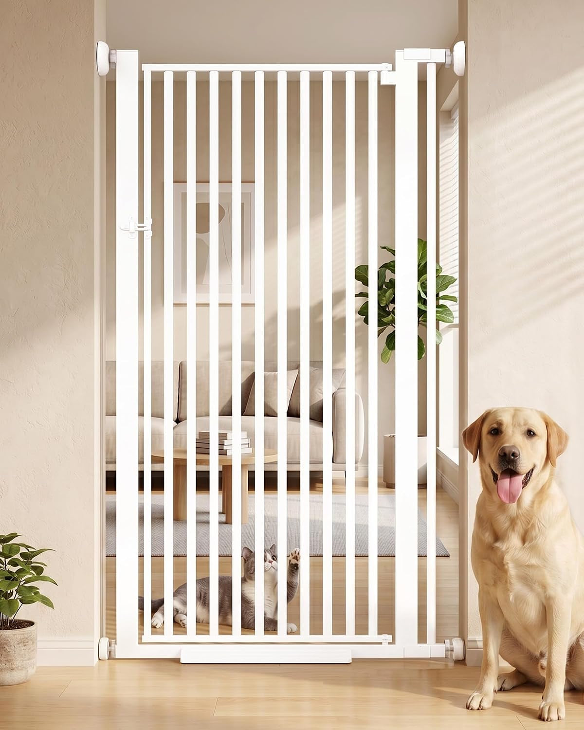 55" Extra Tall Cat Gate, 32.67-35.43" Wide Pet Gate for Cats & Dogs, Pressure Mounted Doorway Gate with Auto Close, 1.3" Narrow Spacing, No Drill Safety Gate for Stairs, Hallway & Kitchen - White
