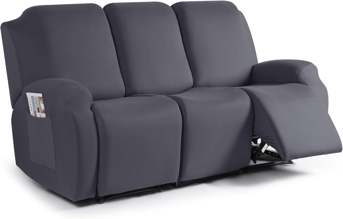 TAOCOCO Recliner Sofa Slipcover, 3 Pieces Polyester Fabric Stretch Sofa Covers for 3 Seat Reclining Couch, Soft Washable Furniture Protector with Pockets (3 Seat, Dark Gray)