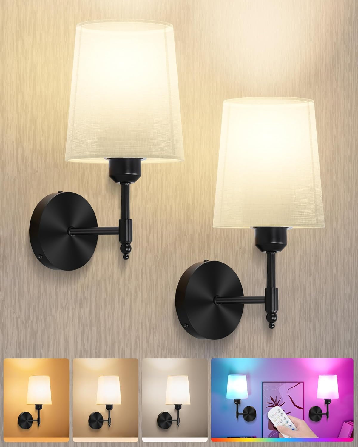 Battery Operated Wall Sconces Set of 2, Remote Control, RGB Bulb, Black
