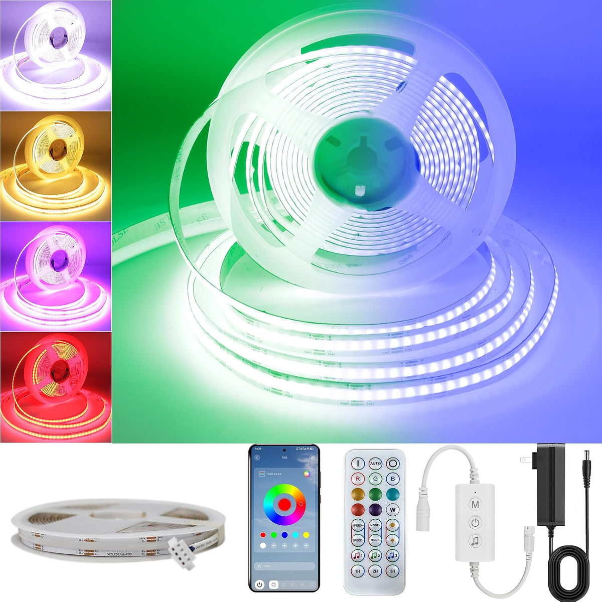Pandery RGB COB LED Strip Light with Remote and App Control,Music Synchronized Color Change 24V RGB Led Strip,6.56Ft/2M,10Mm Wide,Indoor RGB Lights for Bedroom,Game Room,Bar,Party