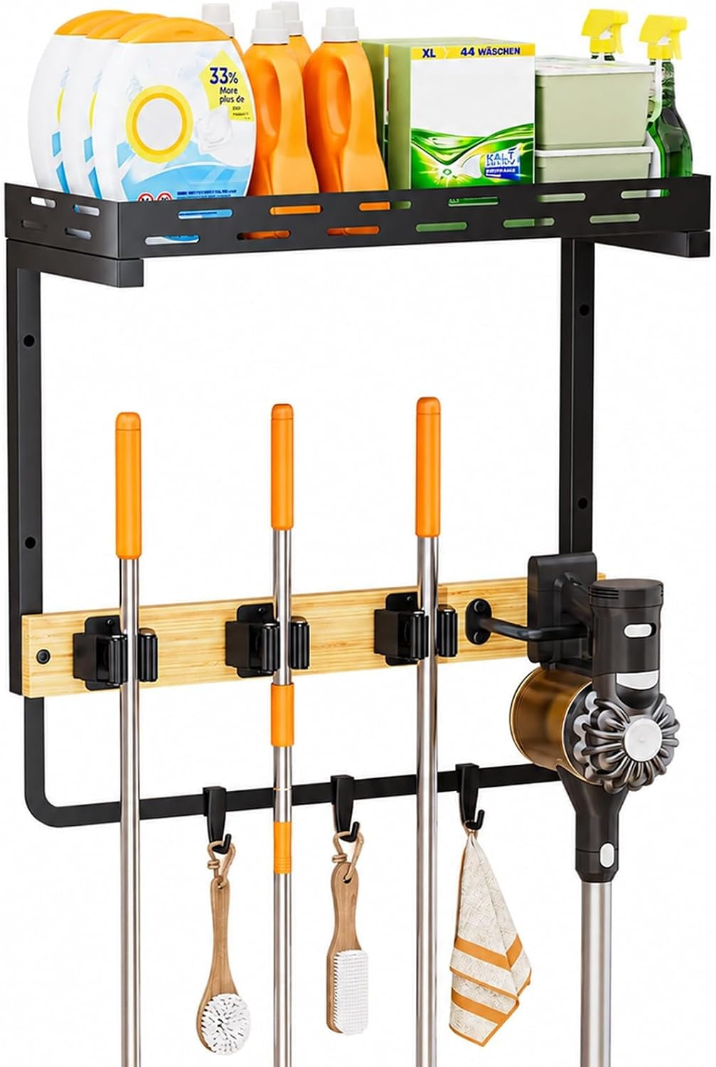Small Broom Holder Wall Mount with Shelf, 3 Grippers and 3 Hooks