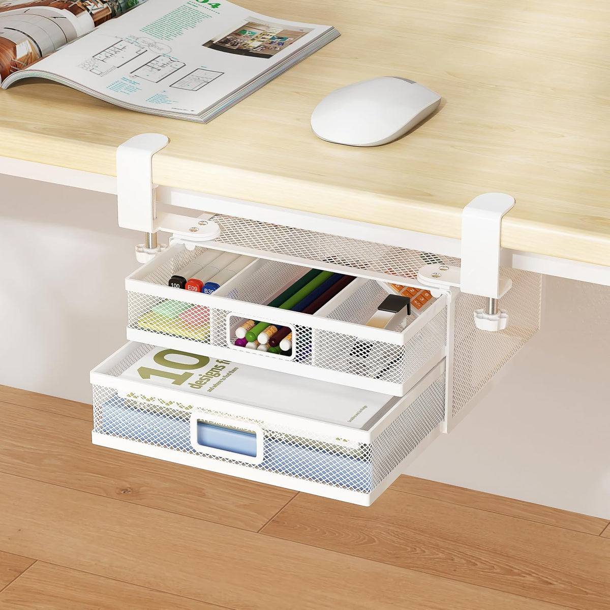 Sliding under Desk Drawer Organizer No Drilling 2 Drawers Slide Out Desktop or under Table Storage Metal Clamp on Desk Drawer Attachment Small Desktop Organizer for Home & Office, White