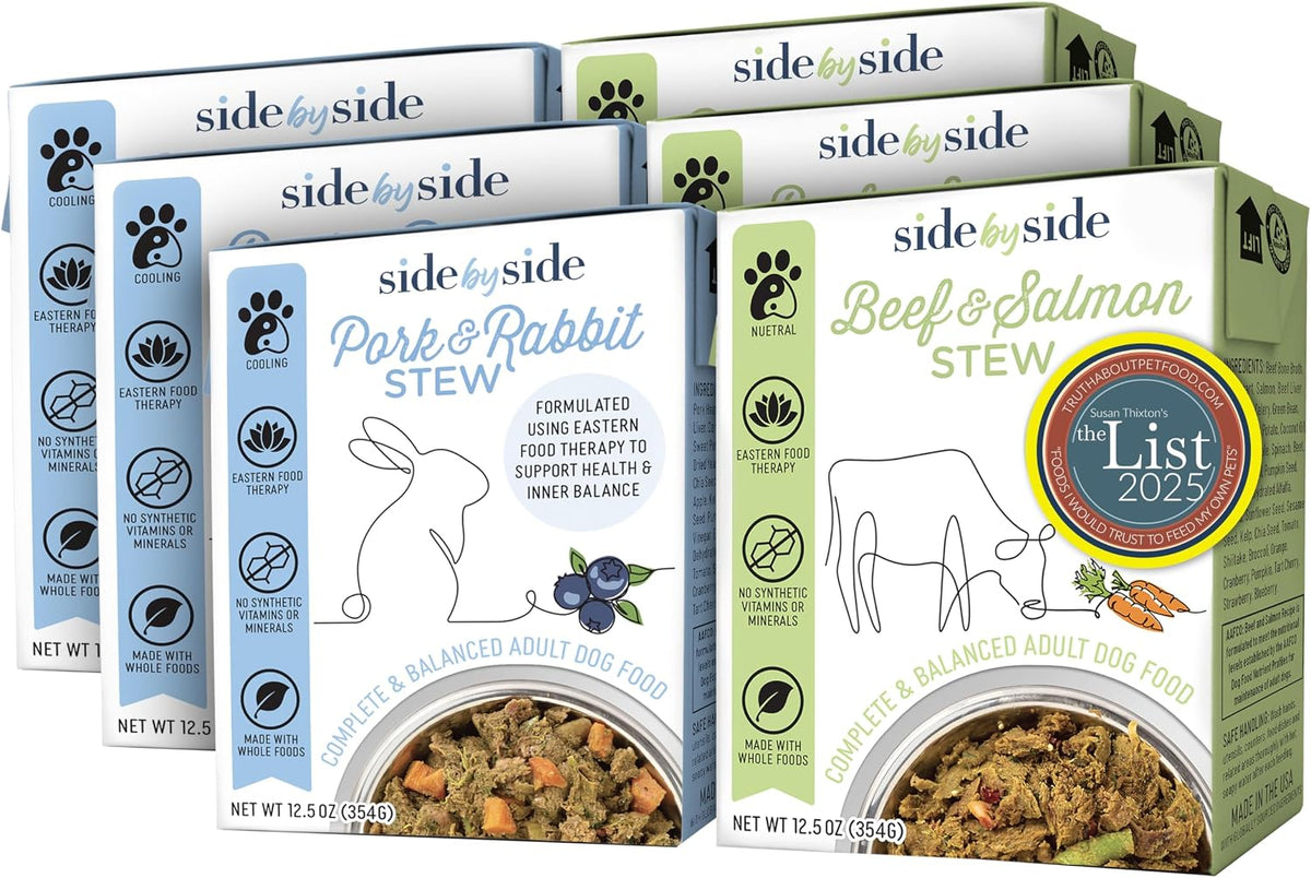 Side by Side Pork & Rabbit | Beef & Salmon Stew - Wet Dog Food & Dog Food Topper - Made with Nutrients & Whole Raw Ingredients - Human-Grade, No Artificial Additives or Fillers (12.5 Oz, 6-Pack)