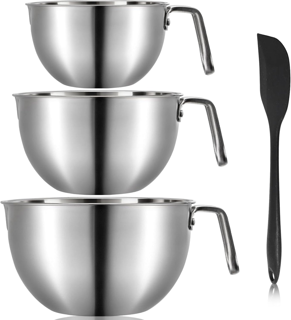 3 Pieces 304 Stainless Steel Mixing Bowls, 1.3/2.1/2.6 Quart Mixing Bowl Set with Handle, Pour Spouts & Measurement Marks, Metal Nesting Bowls with Silicone Spatula for Baking Cooking