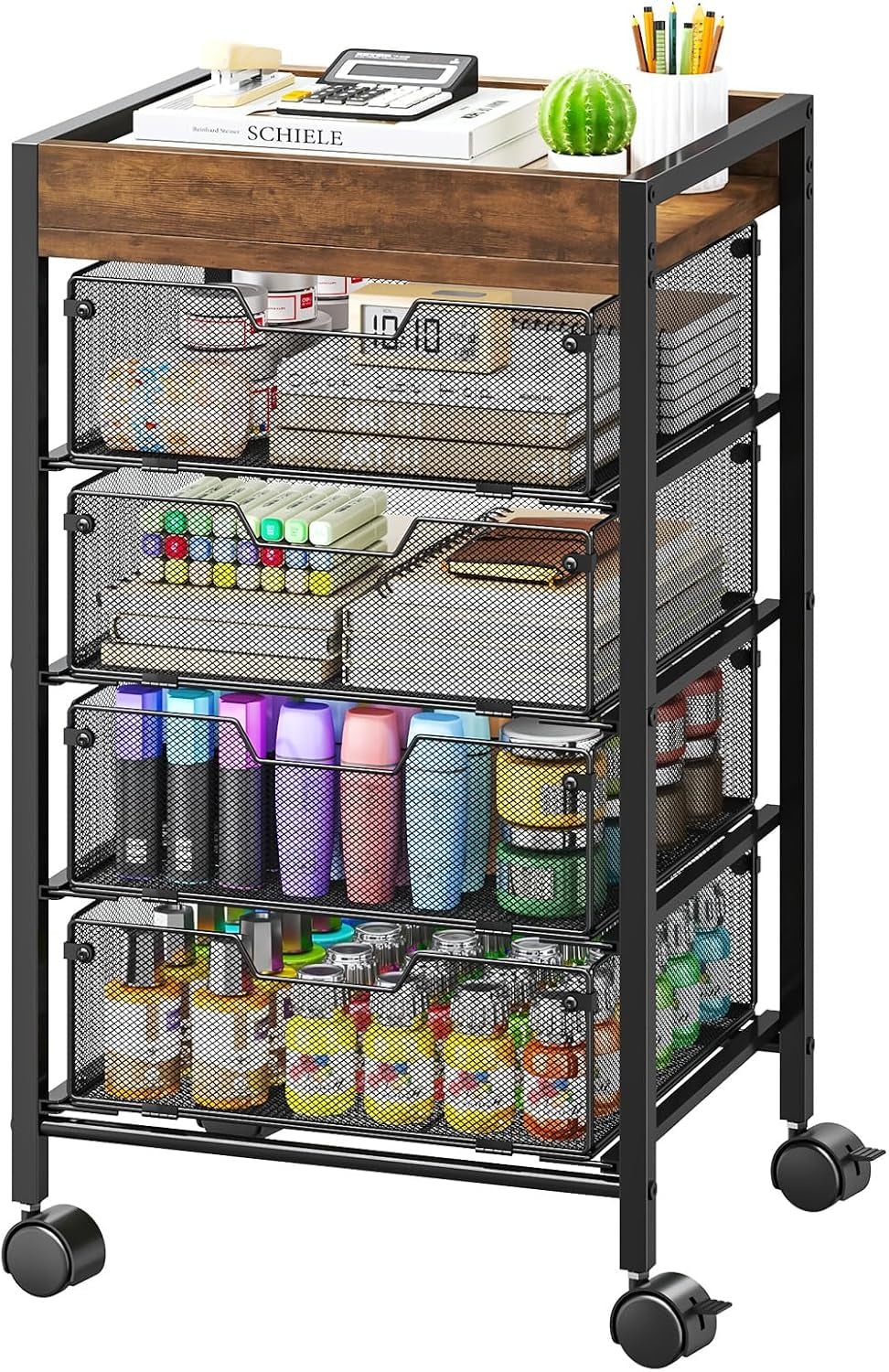 Rolling Cart with Drawers - under Desk Storage Cart with Wheels, 4 Metal Drawers, Wood Top, Utility File Cart for Office Organization, Art, Craft, Classroom, Kitchen, Bedroom Espresso