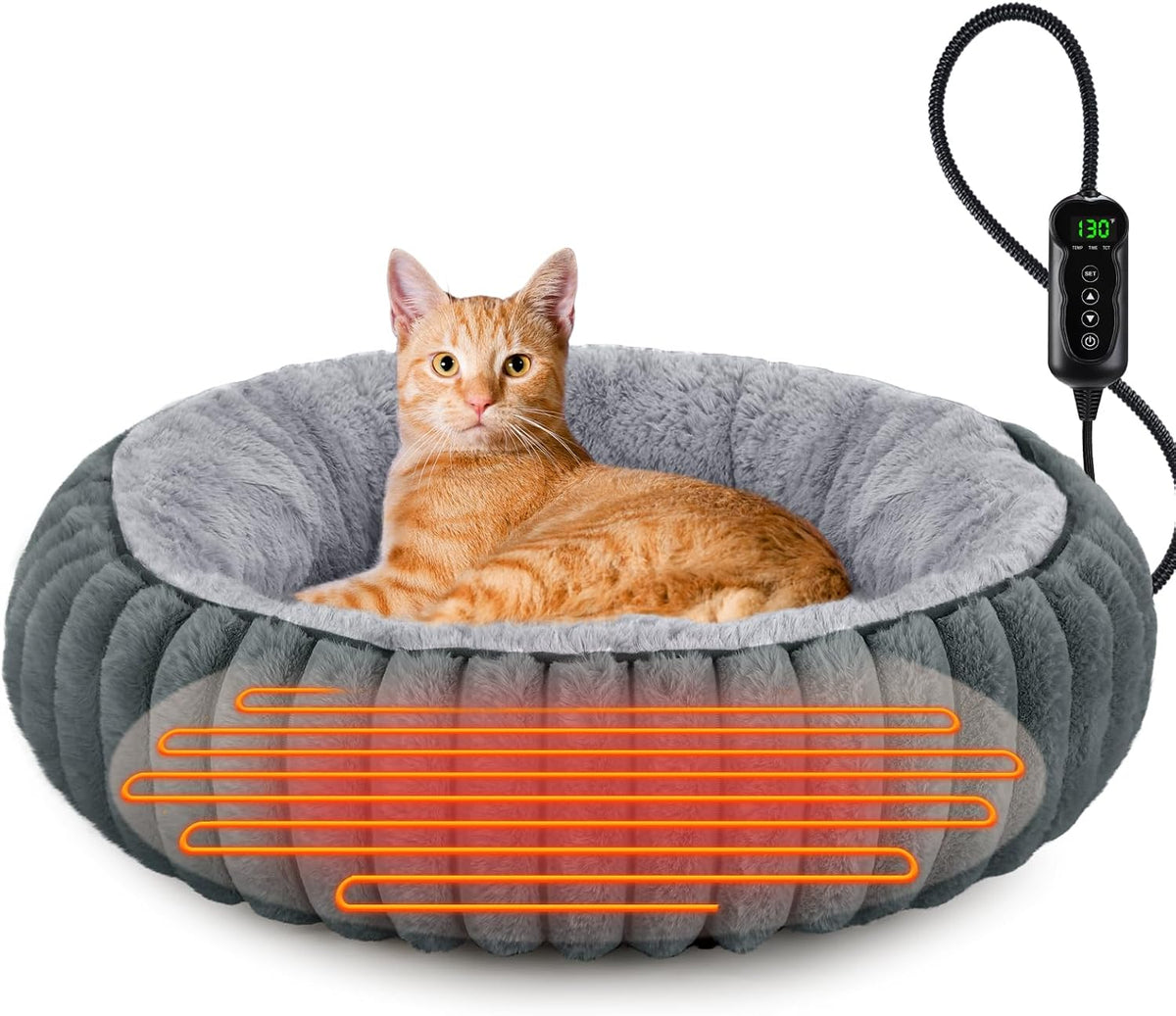 INVENHO Heated Cat Beds for Indoor Cats and Small Dogs, 20" Cozy Donut Heated Pet Bed with Timer & Temp Adjustable, Removable Waterproof Electric Warming Bed for Indoor Cat