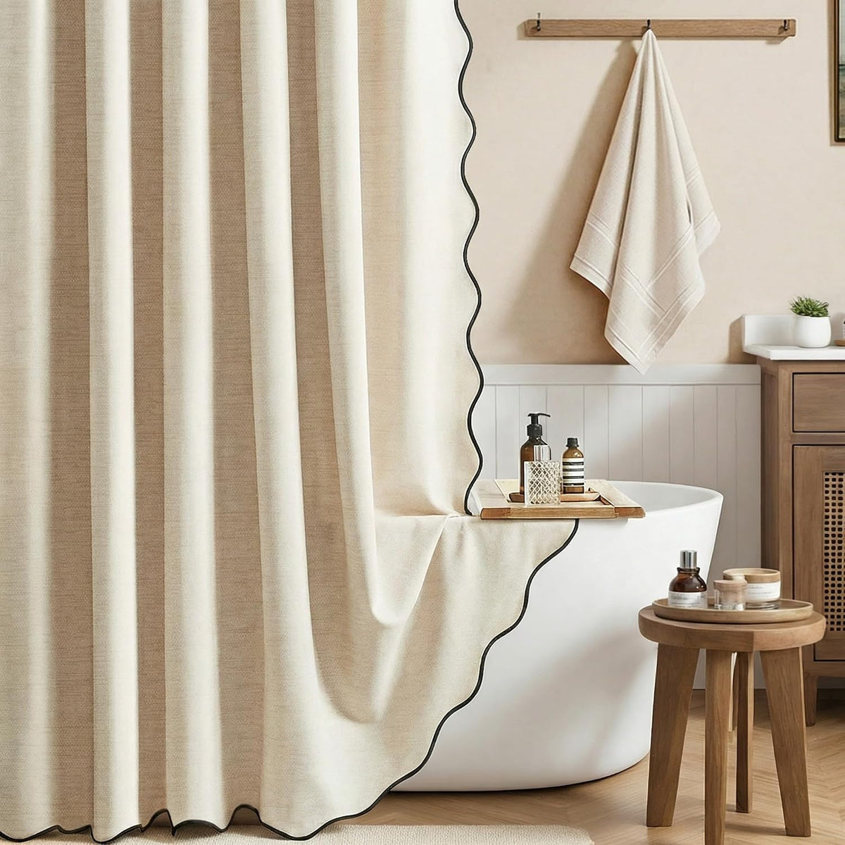 Beige Boho Scalloped Linen Textured Cloth Shower Curtain, 72X72, Cream
