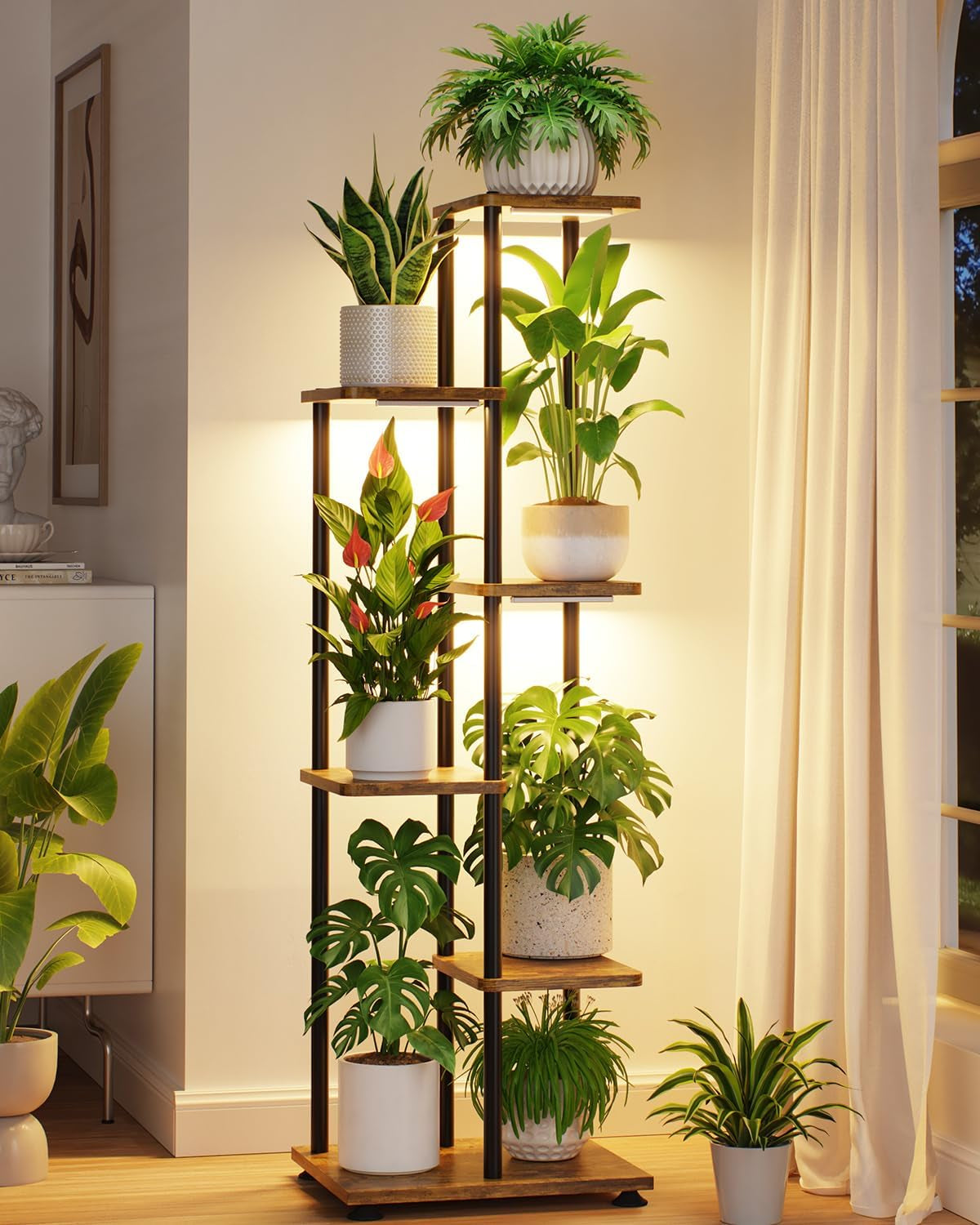 LASZOLA Plant Stand Shelf Tall Indoor with Grow Light, Wooden 5 Tier Corner