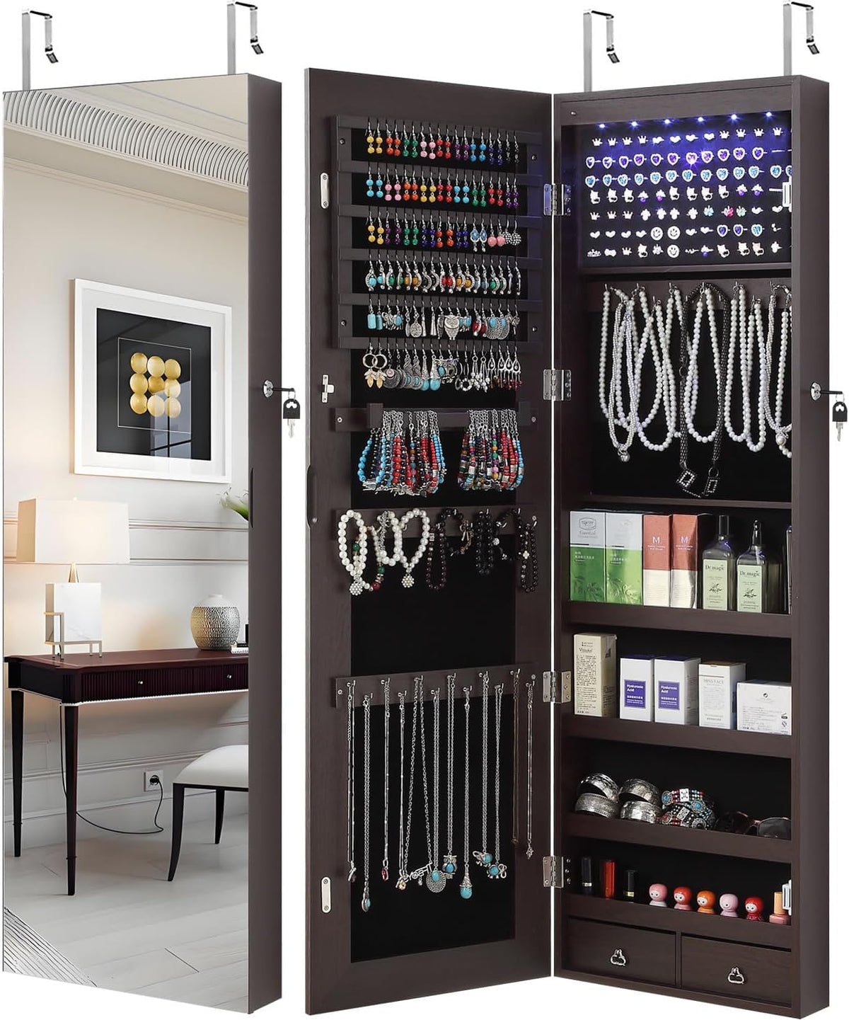 GISSAR Full Length Mirror Jewelry Cabinet, 6 Leds Jewelry Armoire Wall Mounted over the Door Hanging, Jewelry Organizer Storage with Lights Lockable, Brown, 14.6" X 47.2"