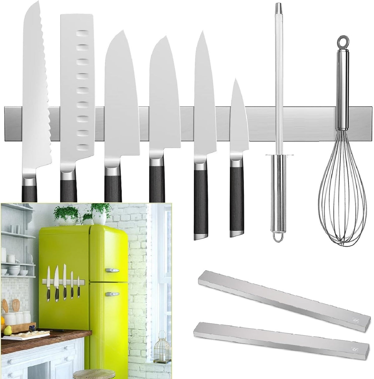 2 PCS Knife Magnetic Strip No Drilling (Refrigerator Applicable), 17 Inch Magnetic Knife Holder for Wall, Premium Stainless Steel Magnetic Knife Bar, Used as Tool Holder, Knife Rack, and More