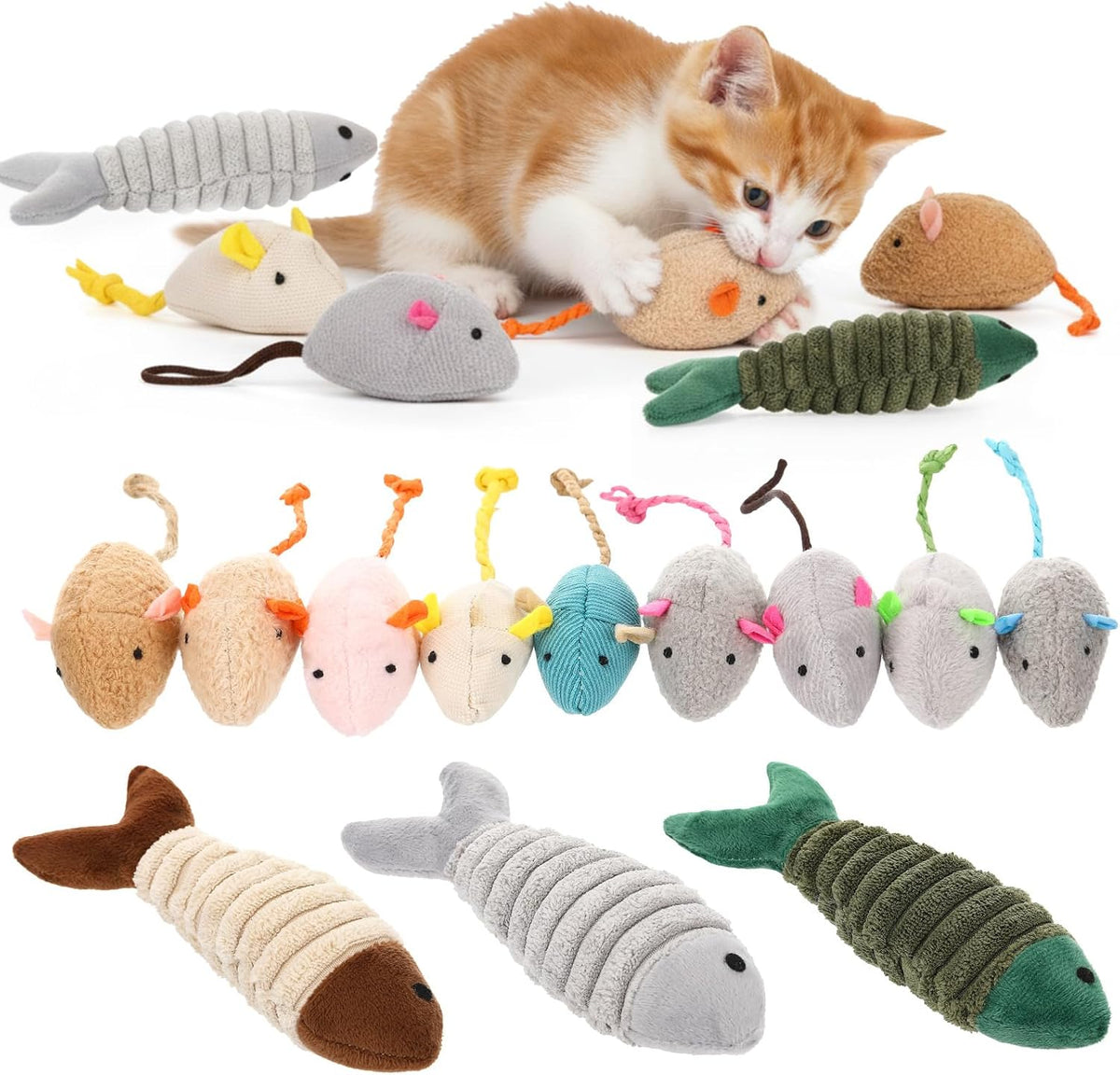 Leitee Cat Toys Bulk Plush Mice Set Fish for Indoor Kittens Puppies