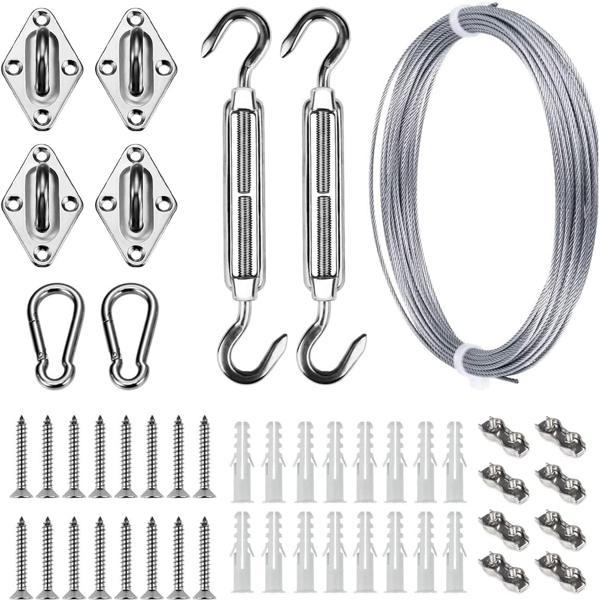 Sun Shade Hardware Kit for Rectangle and Square Sun Shade Sails Installation,5 Inch Heavy Duty Anti-Rust Sail Shade Hardware Kit with 50 Ft Cable Wire Ropes