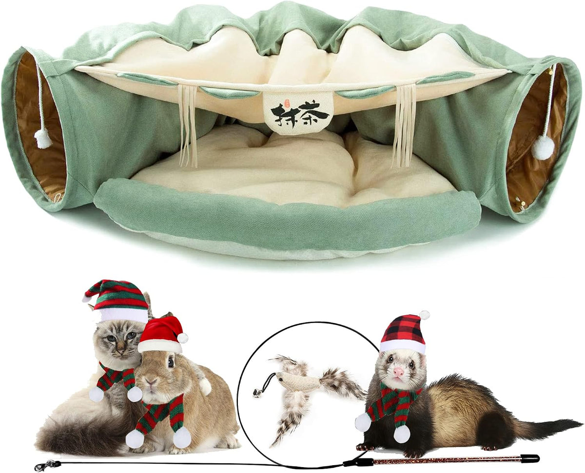 Cat Tunnel Bed, 2-In-1 Collapsible Cat Tunnel Tubes Toys with Removable Mat for Pet Cats Kittens Puppies Rabbits Bunnies Ferrets (Matcha)