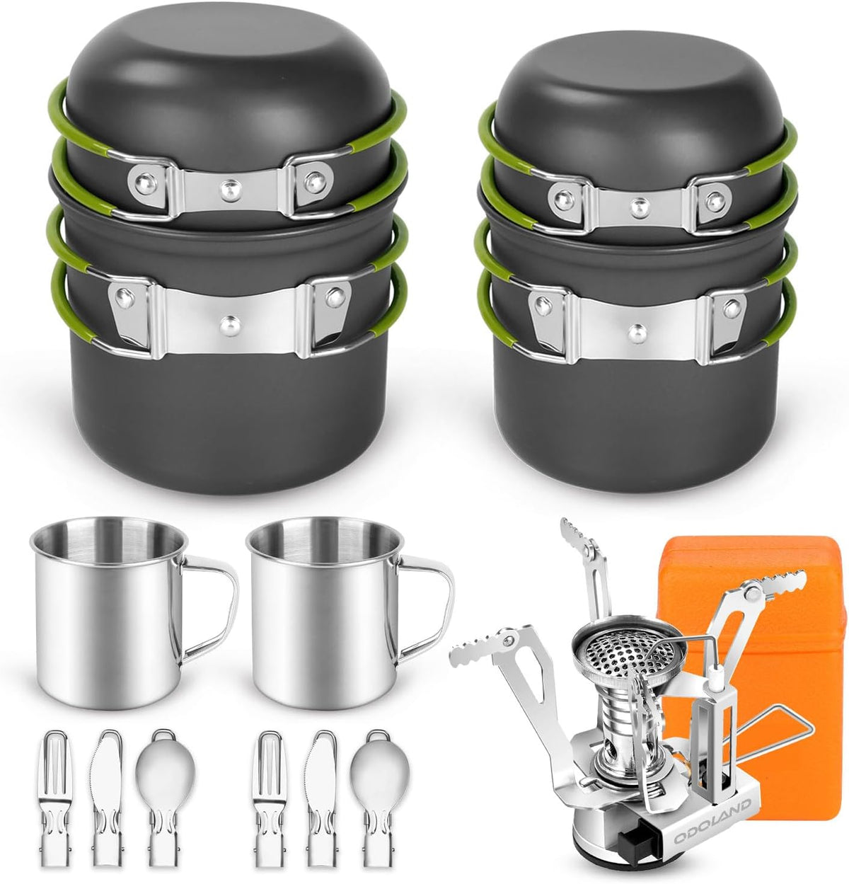 Odoland 16Pcs Camping Cookware Mess Kit, Lightweight Pot Pan Mini Stove with 2 Cups, Fork Spoon Kits for Backpacking, Outdoor Camping Hiking and Picnic