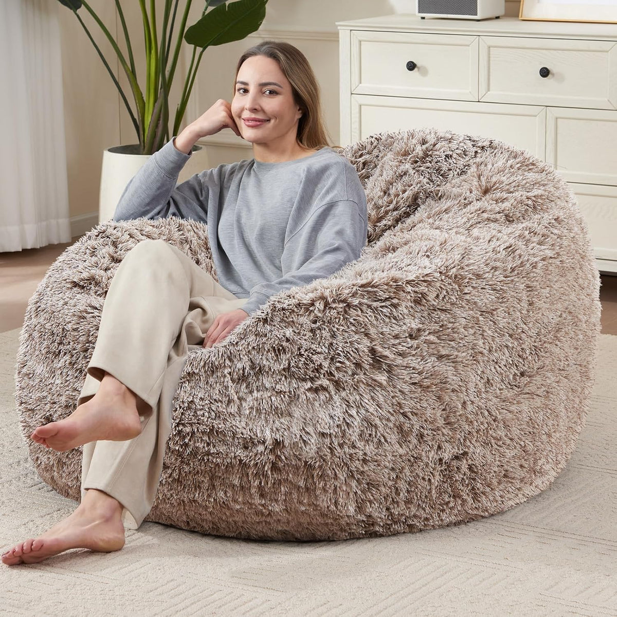 Bean Bag Cover (No Filler), Soft Faux Fur Stuffed Animal Bean Bag Storage, Fluffy Plush Bean Bag Chair Cover Washable, Comfy Bean Bag Covers for Adults Kids Teens, 38"X40" Ombre Khaki