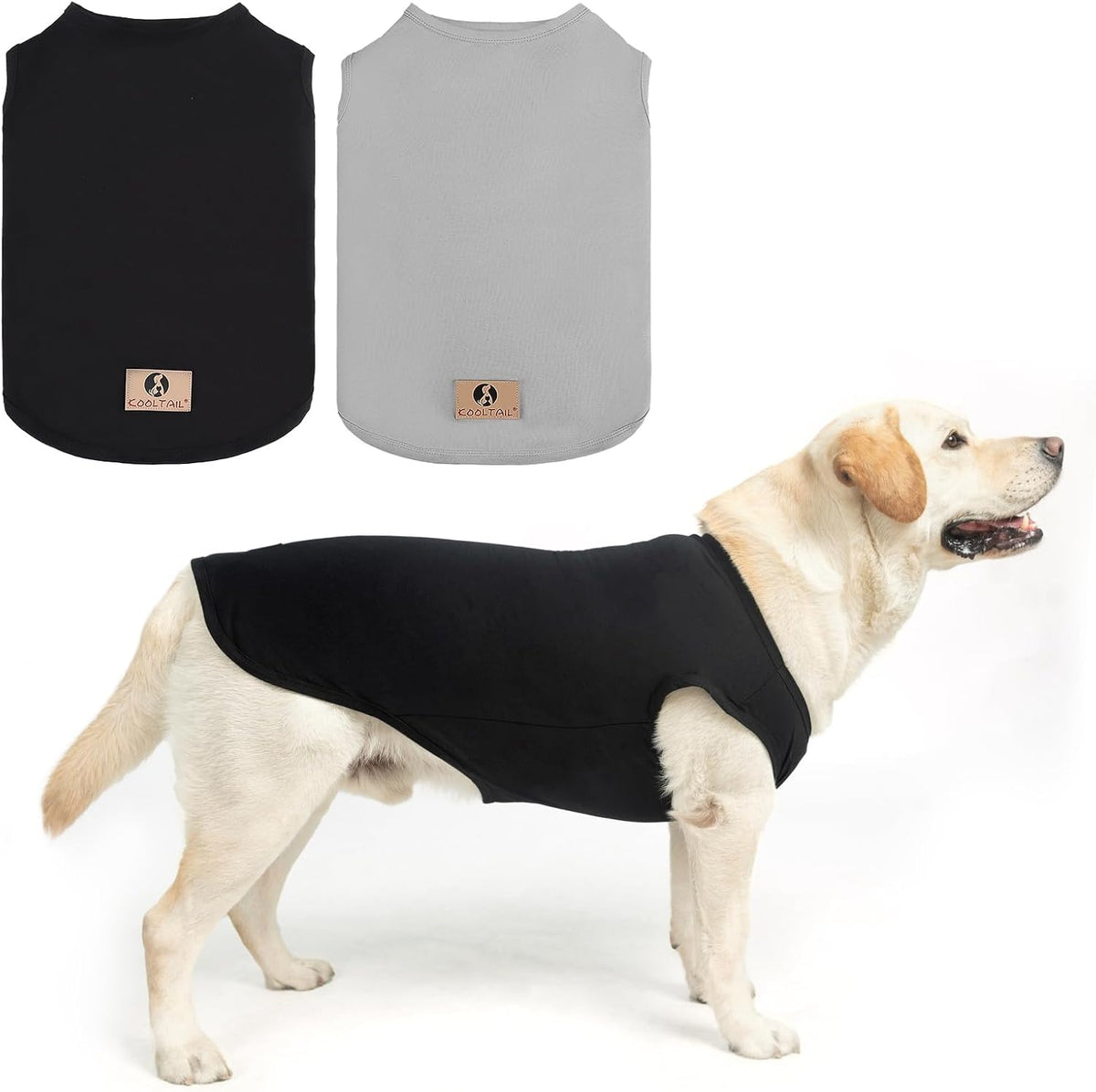 KOOLTAIL Boy Dog Clothes for Large Dogs, 2 Pack Cotton Summer Dog T Shirts UV & Insect Protection for Outdoor Camping, Anti-Hair Loss & Breathable Sleeveless Pet Vest Tank Tops Apparel,Black & Grey,Xl