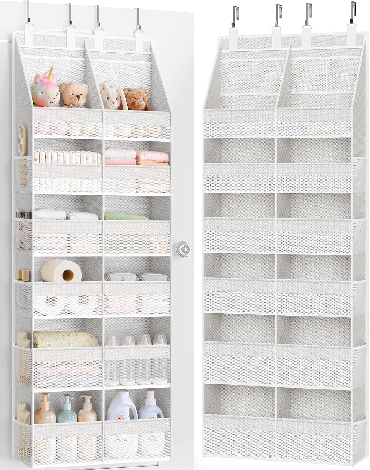 Criusia over the Door Organizer, Extra Large 12 Compartments Closet Hanging Storage with 14 Mesh Pockets, 85Lbs Capacity behind the Door Storage for Baby Nursery, Bathroom, Bedroom, and Dorm, White