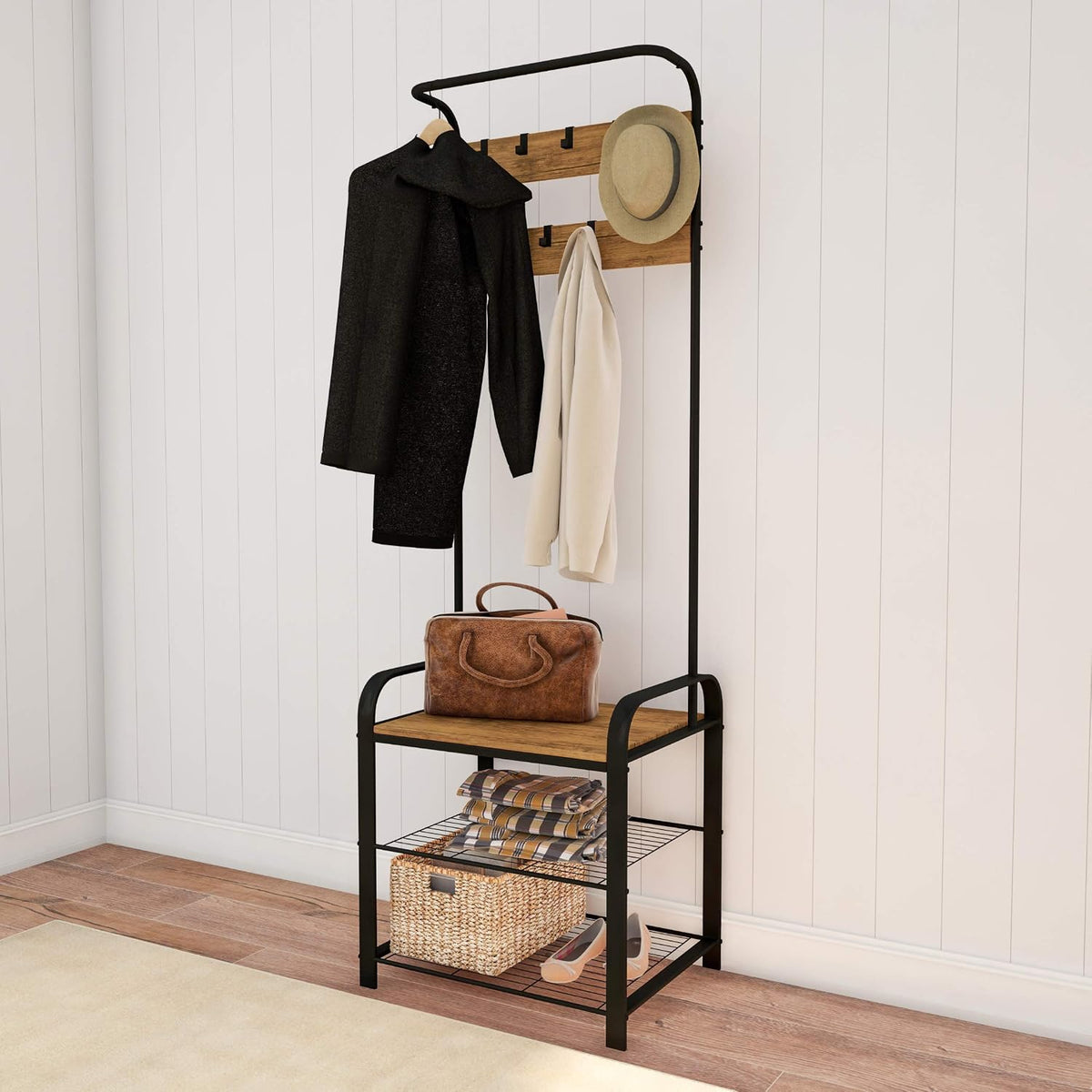 Lavish Home Entryway Bench with Coat Rack - Metal Hall Tree with Seat, Hooks, and Shoe Storage - Rustic Farmhouse Freestanding Mudroom Furniture