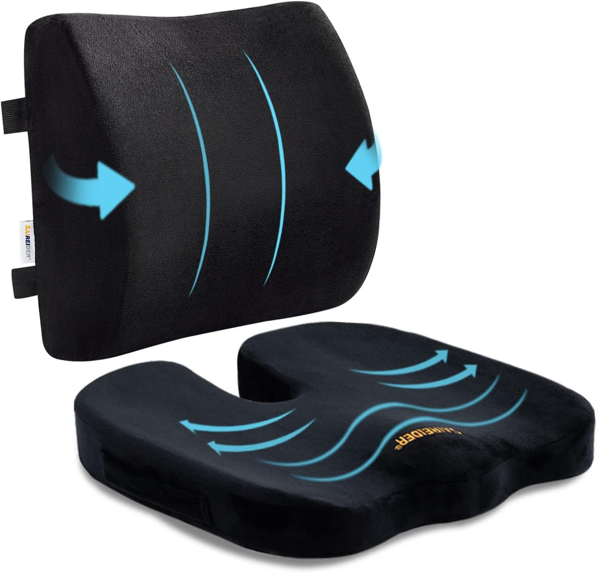 SAIREIDER Seat Cushion and Lumbar Support Pillow for Office Chair, Memory Foam Car Seat Cushions Back Support Pillows, Help Relieve Pain of Back, Lumbar, Tailbone and Sciatic Nerve(Black)