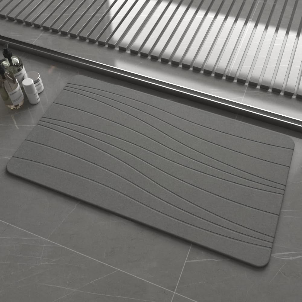 Extra Large Stone Bath Mat, 30'' X 17'' Diatomaceous Earth Non-Slip Stone Shower Mat, Super Absorbent Diatomite Stone Mats for Bathroom Dark Gray XL Flow