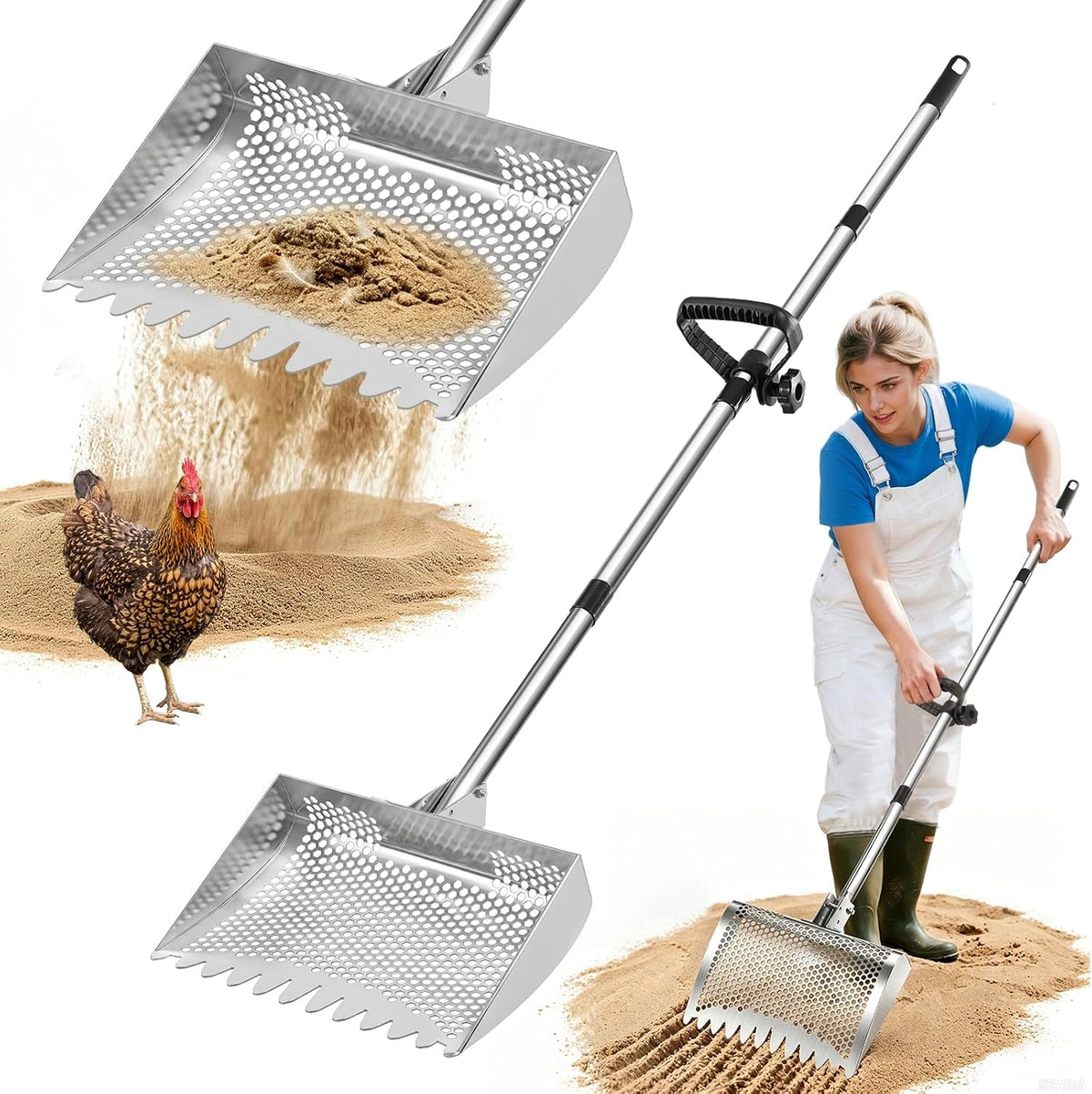 12Inch Chicken Poop Scooper & Rake 2-In-1 with Adjustable Handle