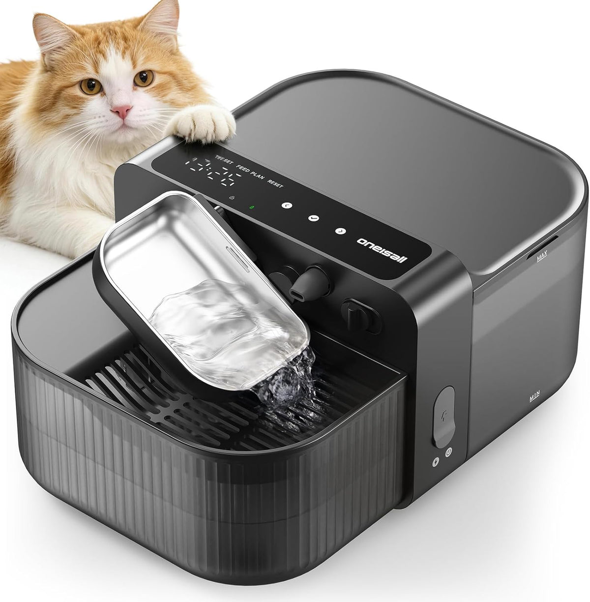 Oneisall Wireless Filterless Cat Water Fountain, Separate Clean and Dirty Water Pet Fountain with Stainless Steel Bowl, 3.5L/118Oz Quiet No Filter Smart Freshfill Automatic Cat Water Dispenser, Black