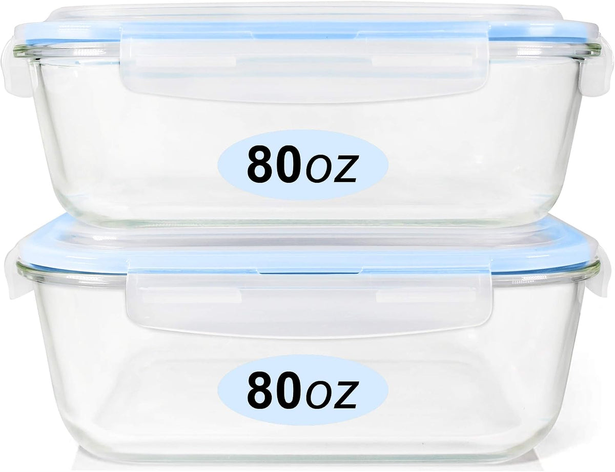 Glass Food Storage Containers Set, Large Size Containers with Lids, Bpa-Free Locking Lids, 100% Leak Proof Glass Meal Prep Containers, Freezer to Oven Safe (2 Pack of 80Oz)