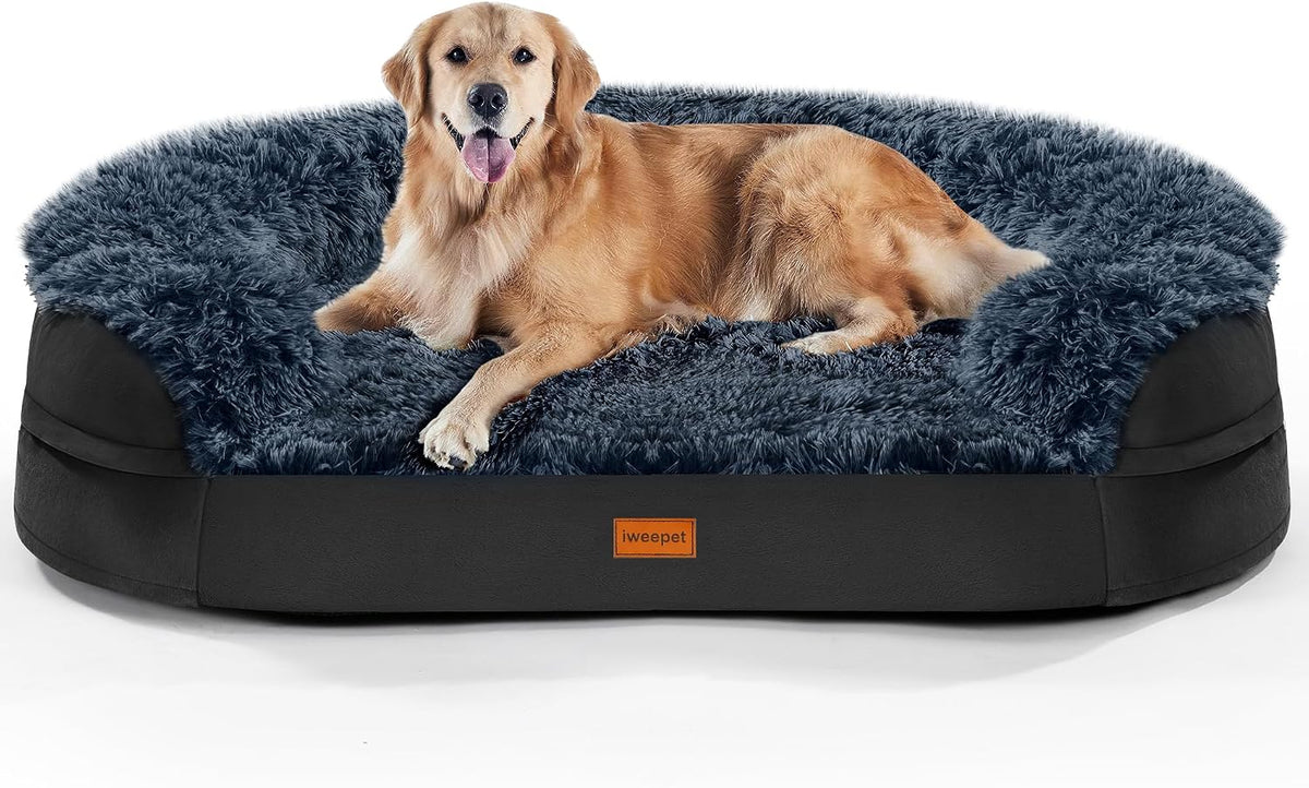 Iweepet Fluffy Orthopedic Dog Beds for Large & Extra Large Dogs, 44" Calming Dog Sofa Bed With28D Egg-Crate Foam, Removable Washable Cover, Waterproof Lining, for Large,Senior,Sick