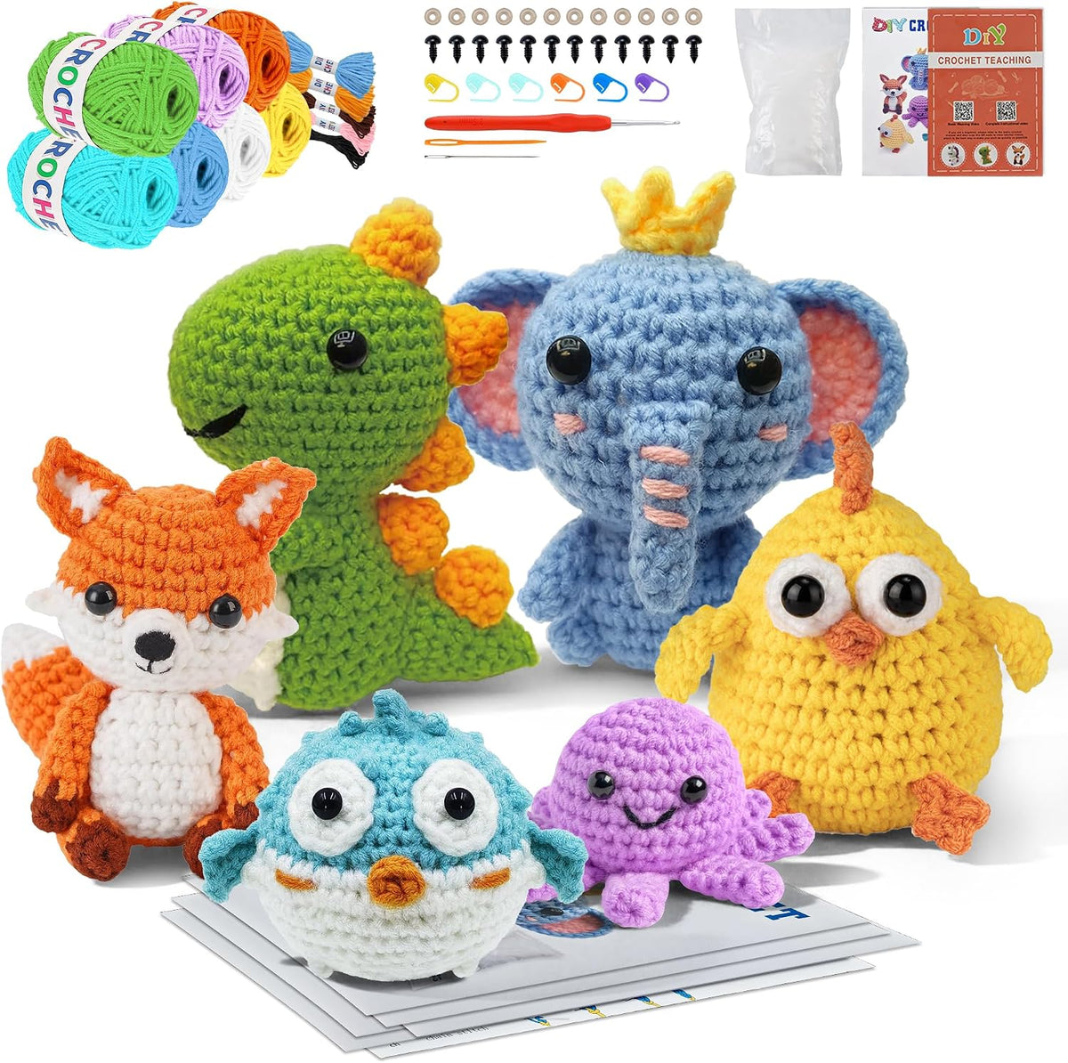 Allaugh Crochet Kit for Beginners Kids: 6Pcs Cute Animal Crochet Set Knitting Gift for 8-12 Year Old - Easy to Learn with Step-By-Step Video Tutorials Hook Yarn for Crocheting - DIY Birthday Presents