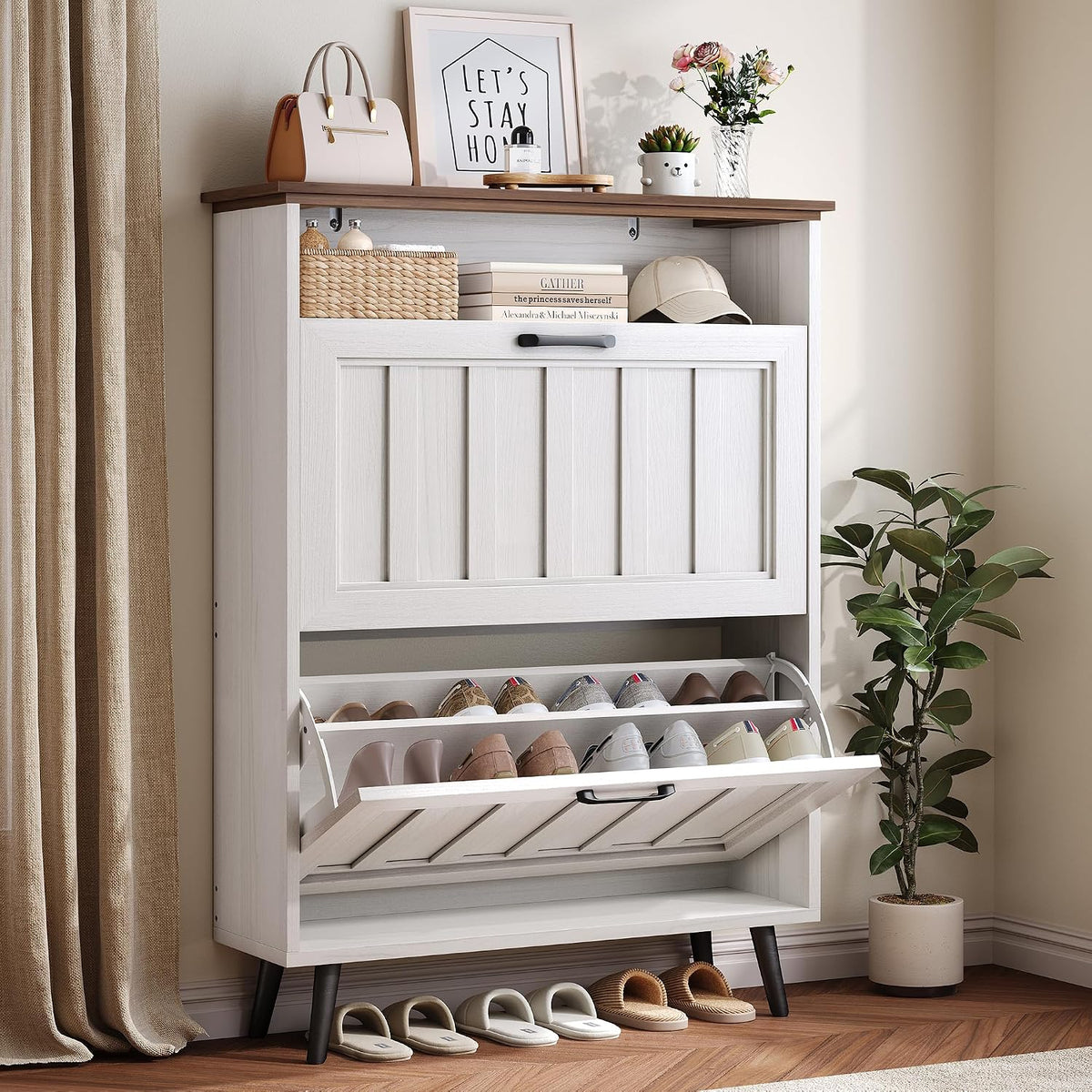 Shoe Cabinet Storage with Flip Drawers for Entryway, Antique White