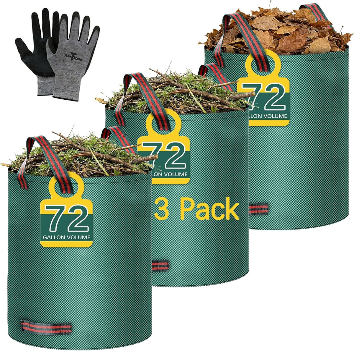 3 Pack 72 Gallon Leaf Collector Bag Lawn Bags,Leaf Bags Heavy Duty Reusable,Gardening Gloves Included,Suitable for Camping, Yards, and Recycling; Can Cleaning Debris, Leaves, Grass Clippings