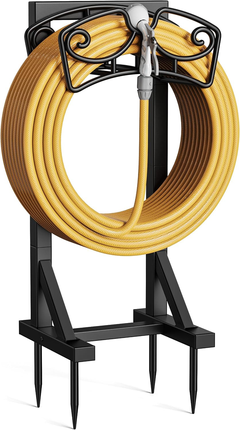 Garden Hose Holder Stand, Freestanding Metal Water Hose Storage Rack with Hooks for outside Yard Lawn, Heavy Duty